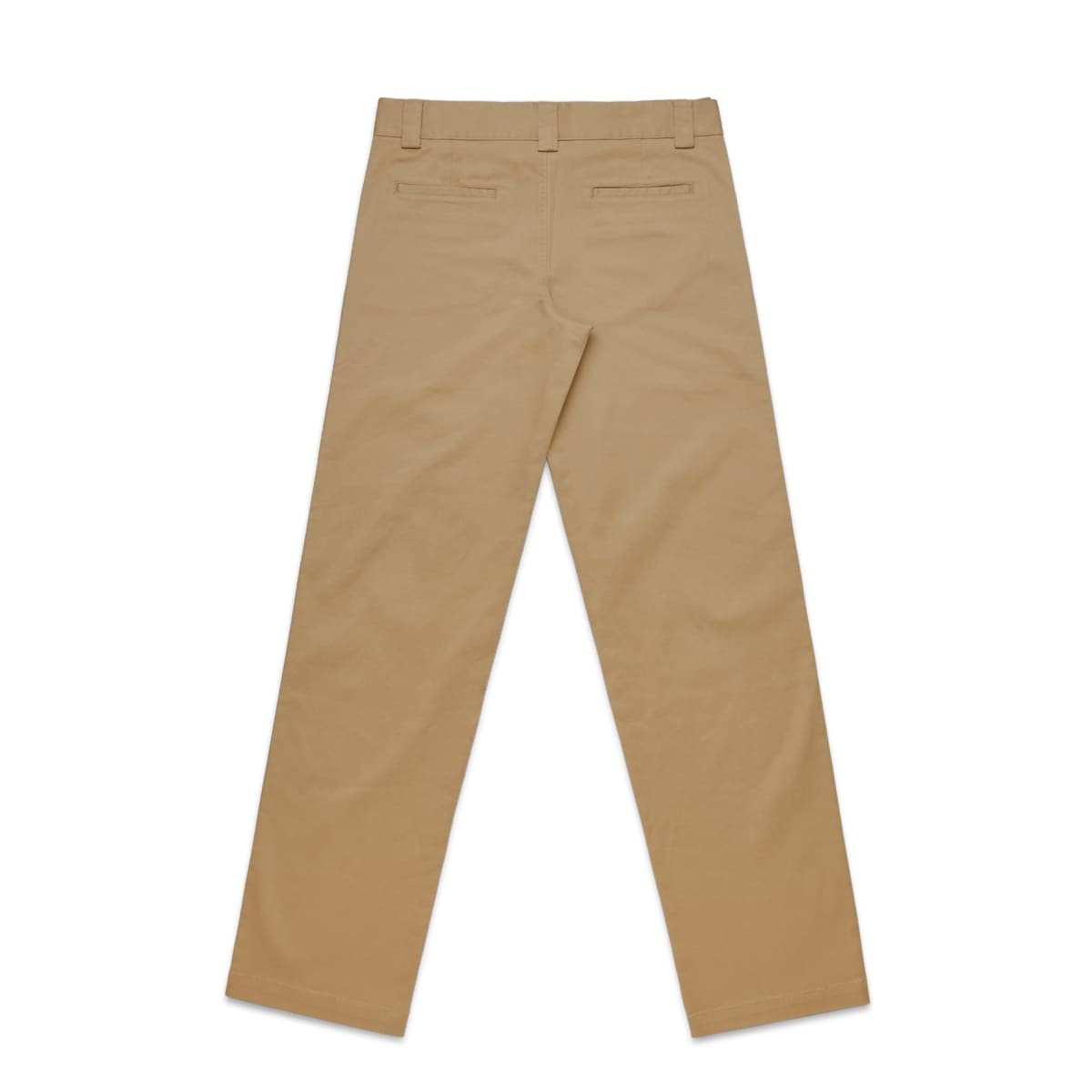 Tan khaki pants laid flat, back view with two welt pockets and belt loops.