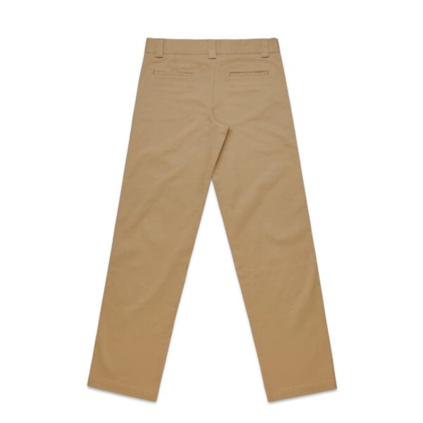 Back view of khaki pants with belt loops and two back pockets, laid flat on white background.