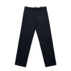 A pair of black straight-leg pants laid flat on a white background.