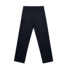 Navy blue dress pants laid flat, viewed from the back.