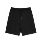 Black drawstring athletic shorts laid flat on a white background.