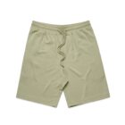 Light green drawstring shorts laid flat on a white background.