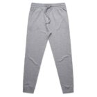 Gray jogger sweatpants with an elastic waistband and drawstring, laid flat on a white background.