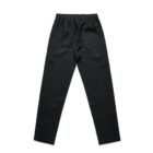 Black pants with an elastic waistband and back pockets, laid flat on a white background.