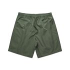 Olive green swim trunks with drawstring waistband, laid flat on a white background.