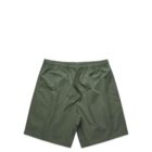 Olive green drawstring swim shorts with an elastic waistband, laid flat on a white background.