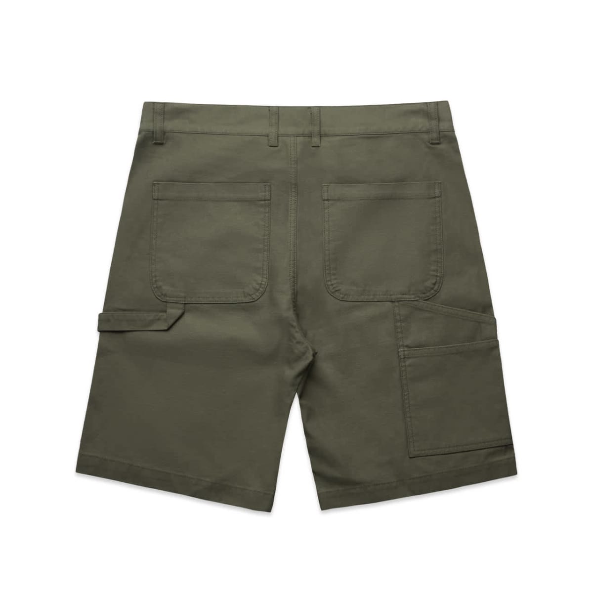 Olive green cargo shorts with back pockets and a side pocket, viewed from the rear.