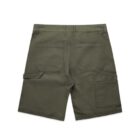 Olive green cargo shorts with large back and side pockets, shown from the back.