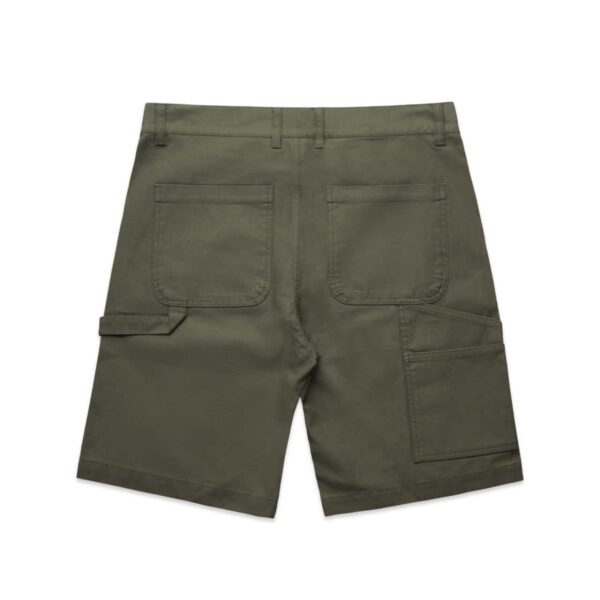 Olive green cargo shorts with large back and side pockets, shown from the back.