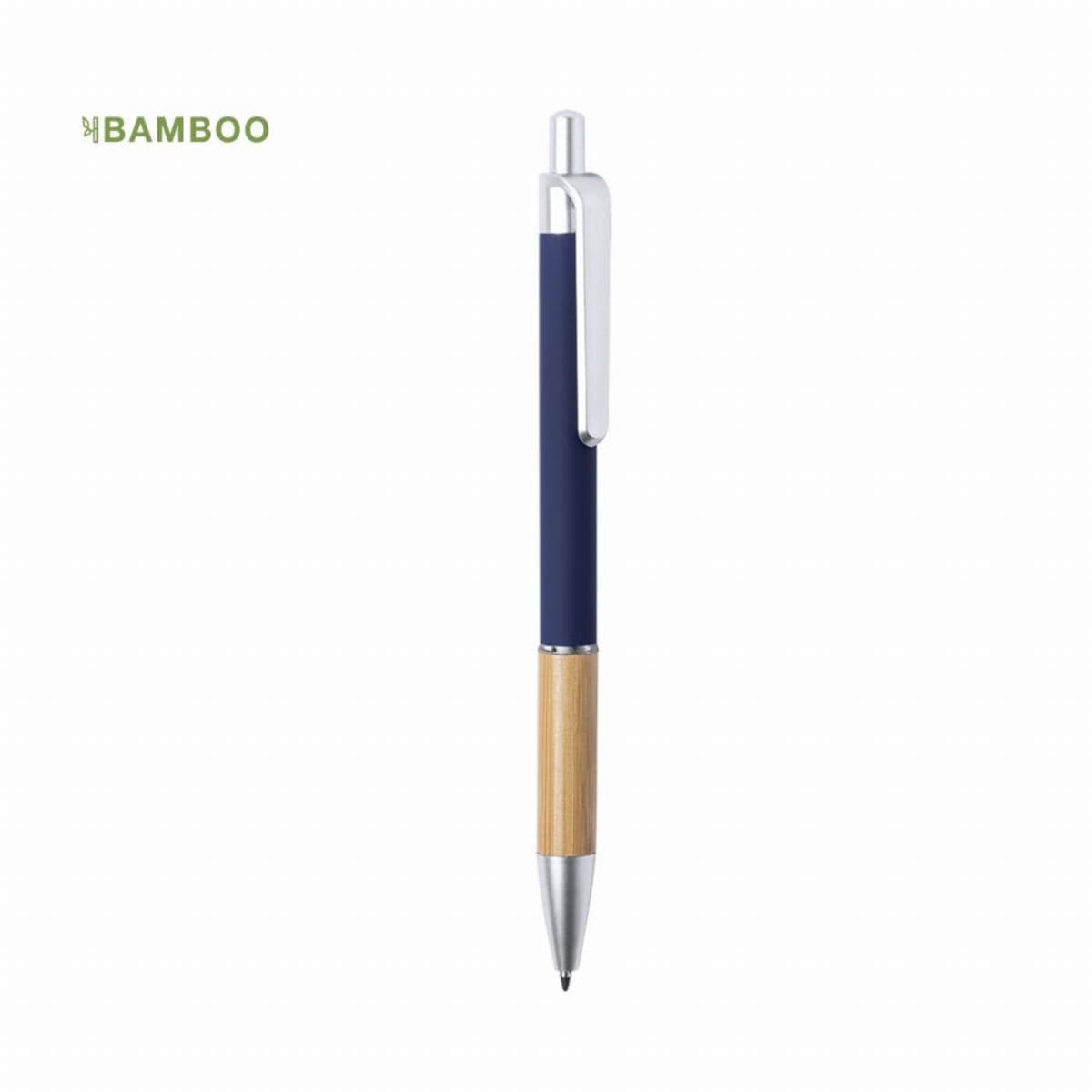 A retractable pen with a blue barrel, bamboo grip, and silver clip on a white background.