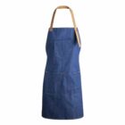 Blue denim apron with brown adjustable neck strap and front pockets, displayed on white background.