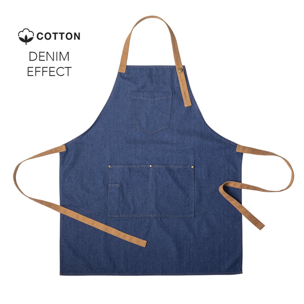 Blue denim-effect apron with tan straps, chest pocket, two front pockets. Cotton logo on left.