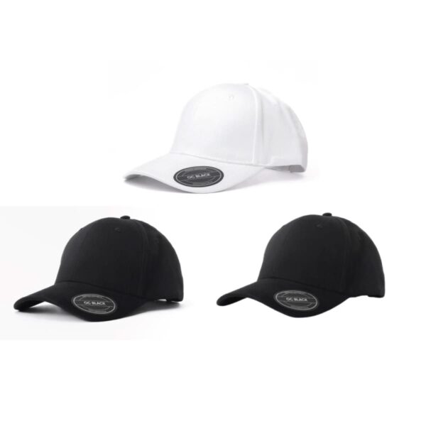 Three Classic 6-Panel Cotton Hats: one white on top, two black below, all with curved brims.