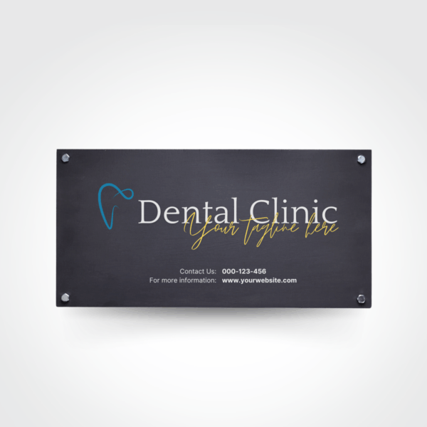 Signages Alupanel A3: black dental clinic sign with tooth icon, name, and contact info.