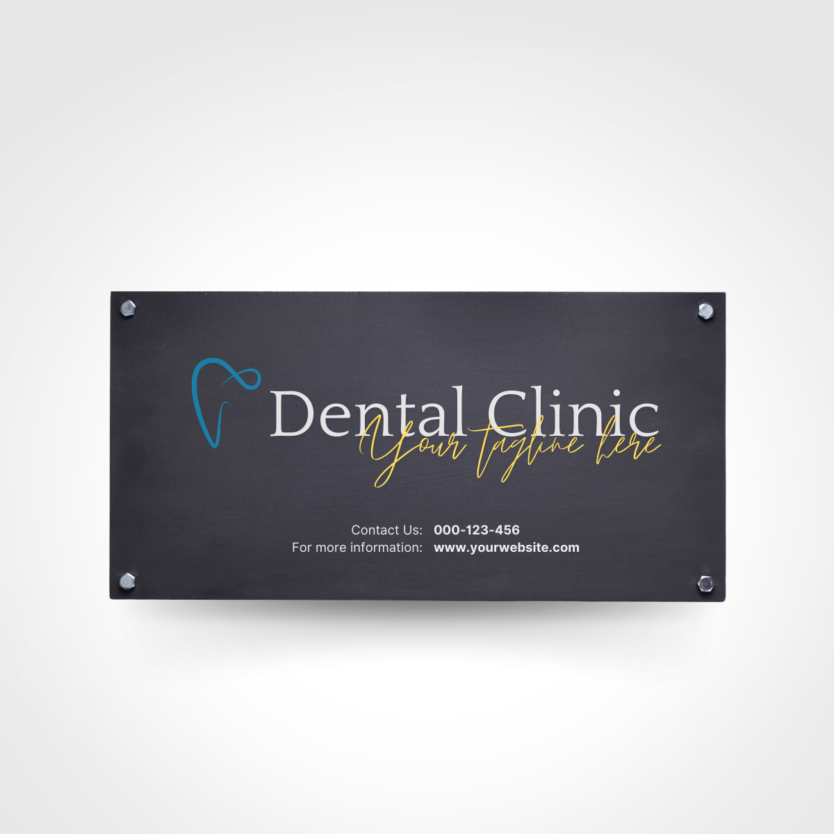 Signages Alupanel A3: black dental clinic sign with tooth icon, name, and contact info.