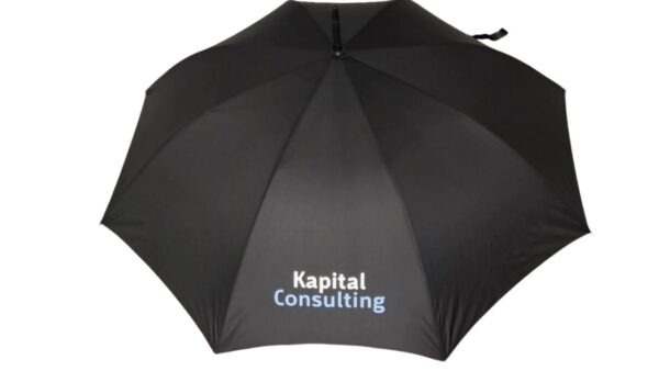 black umbrella with kapital consulting logo