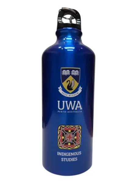 blue bottle with UWA indigenous studies logo