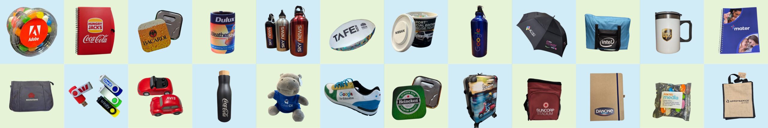 A variety of promotional products for all delivery locations, on a pastel background.
