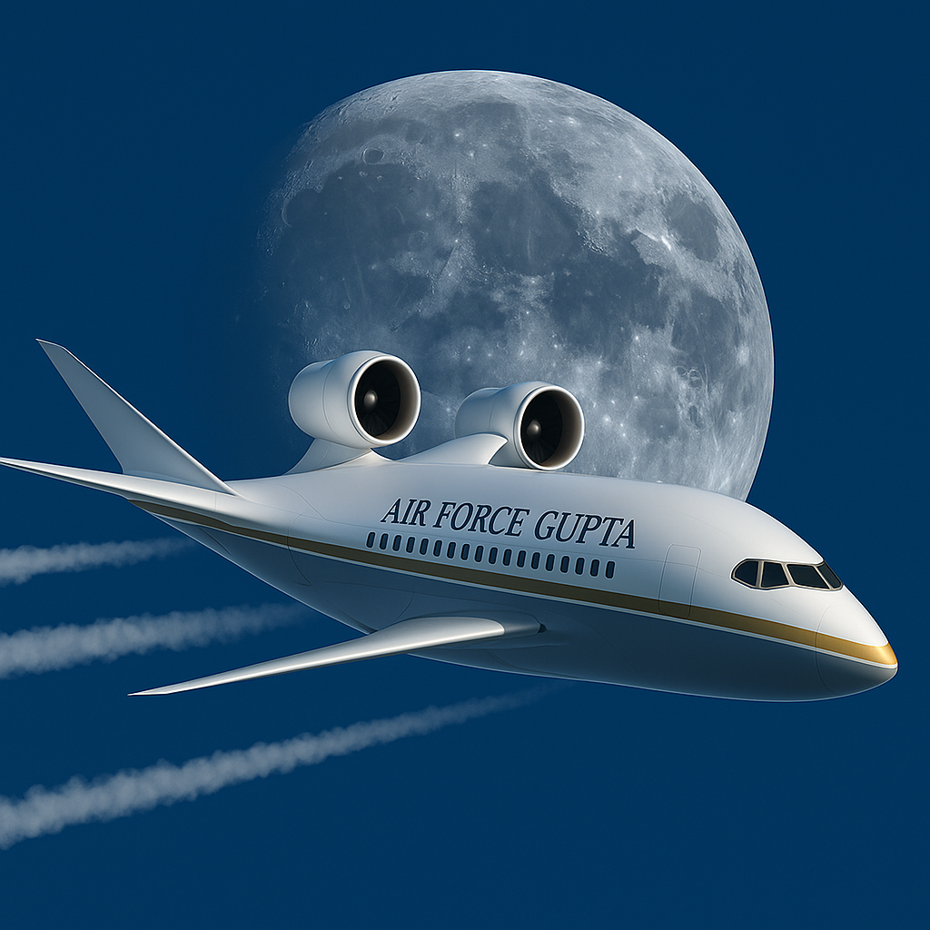 AI-generated image of a white airplane flying in front of the moon with visible branding name on the fuselage