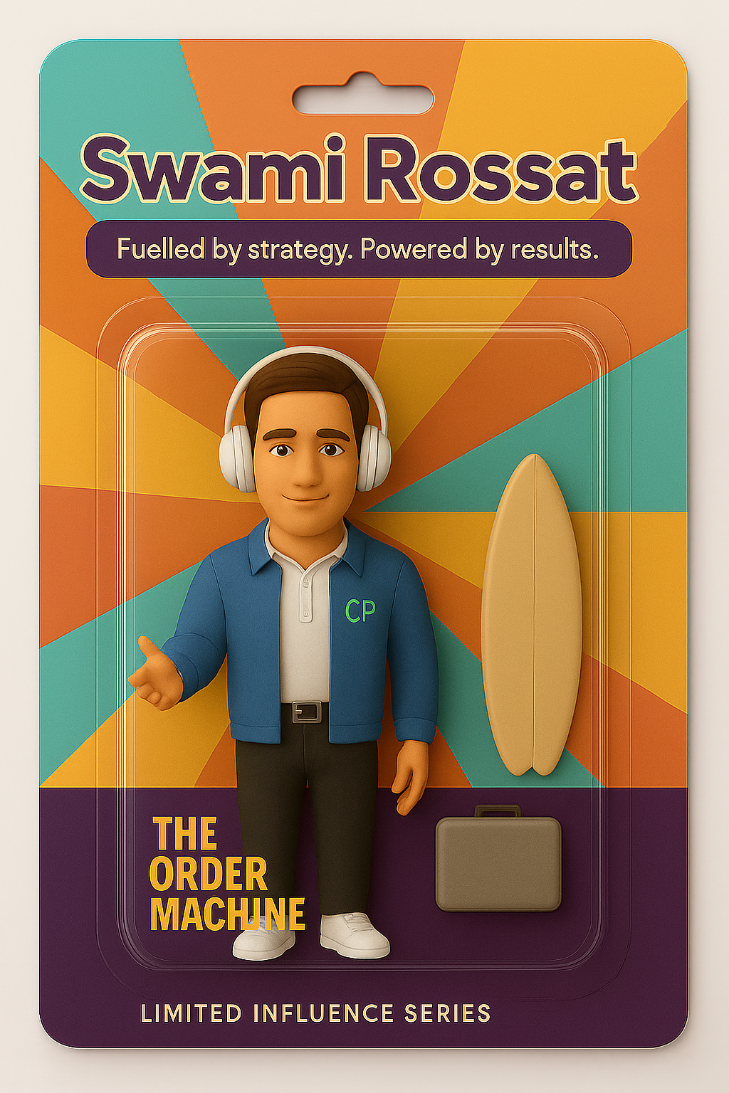 Toy figure in a box with headphones, surfboard, and briefcase—fun promotional products in Sydney.