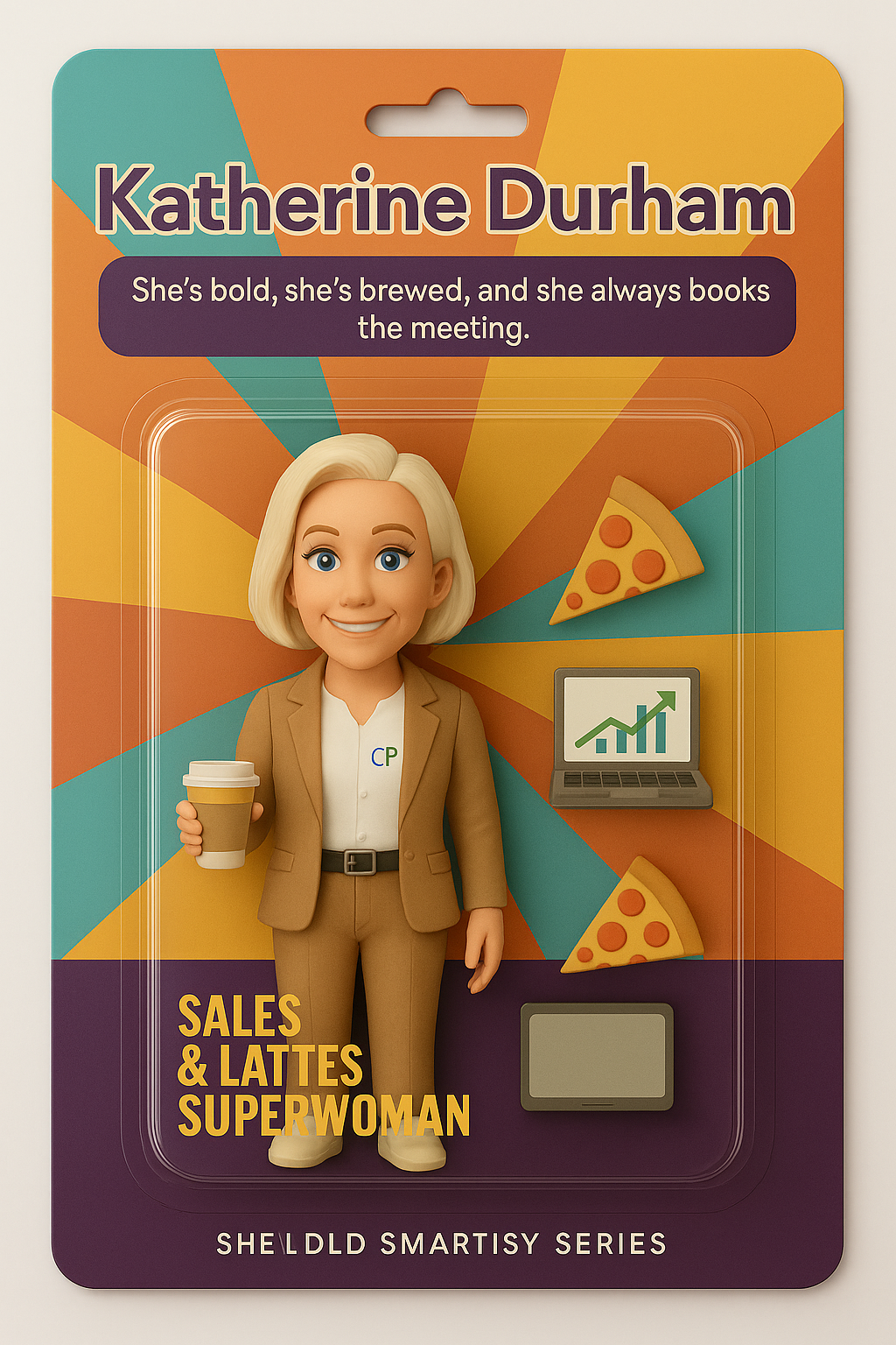 Branded merchandise ryde: Toy figure of a businesswoman with coffee, pizza, and chart icons.
