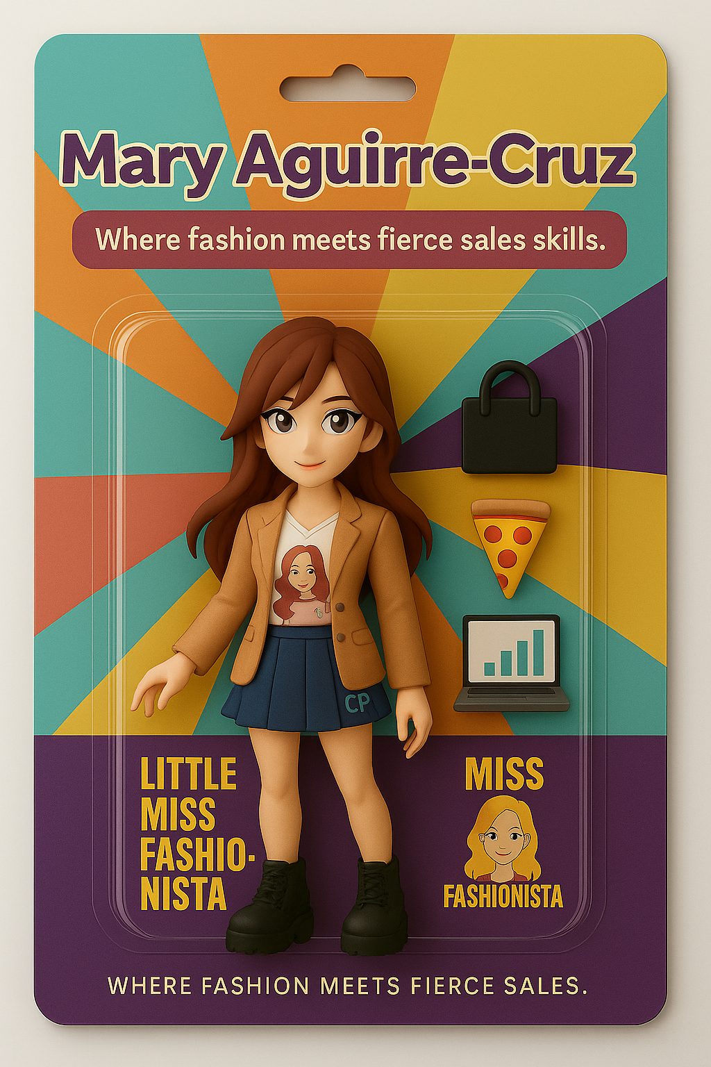Branded merchandise in Brisbane: A fashion-themed Mary Aguirre-Cruz toy with stylish accessories.