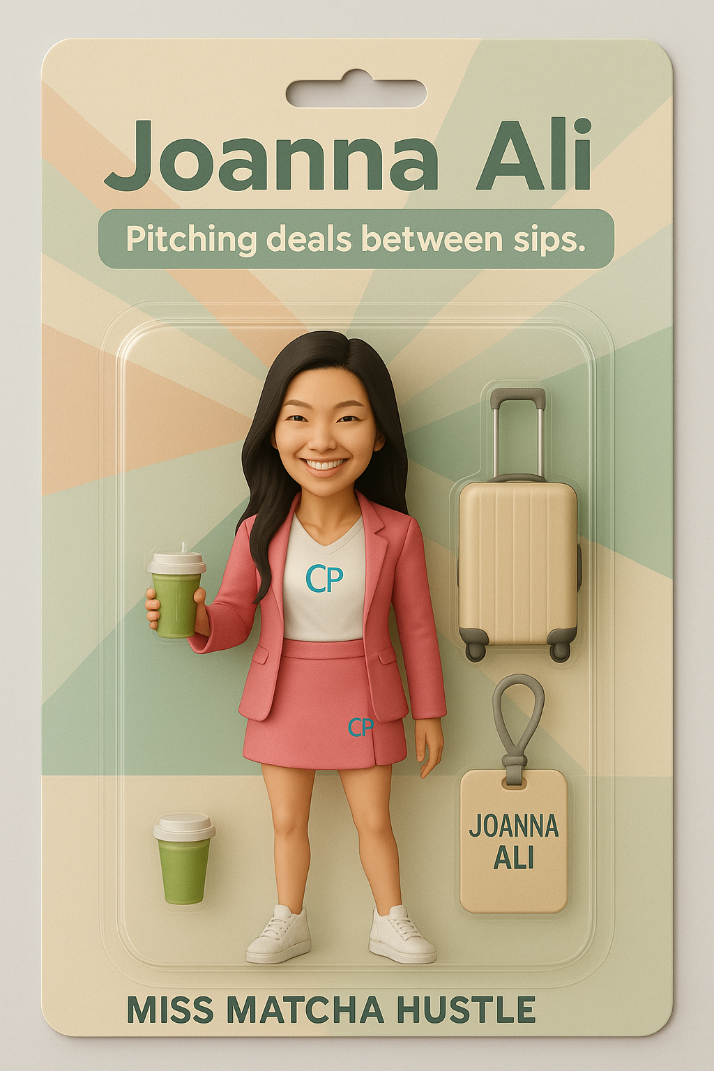 A businesswoman doll with coffee, suitcase, and name tag—great promotional products in Perth.