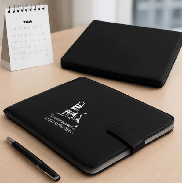 Black compendium with logo on a modern office desk beside a pen and desk calendar 