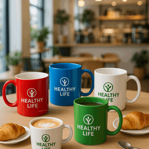 Four colorful HEALTHY LIFE mugs with croissants on a cafe table.