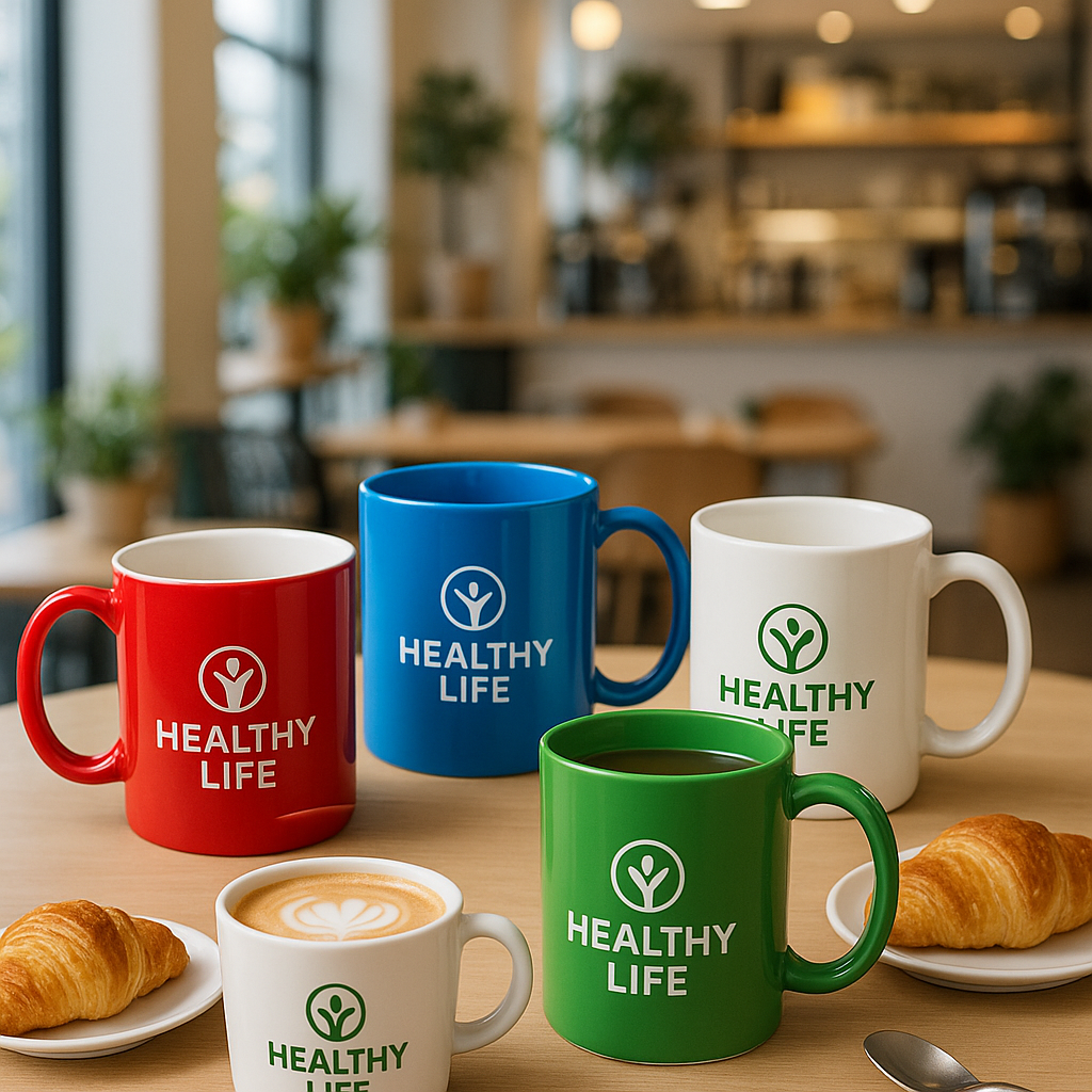 Four colorful HEALTHY LIFE mugs—simple branded gift ideas—alongside croissants on a cafe table.