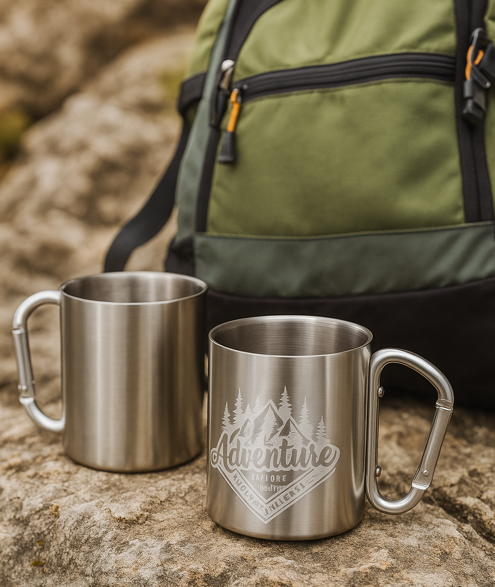 Two metal mugs and a green backpack on a rock