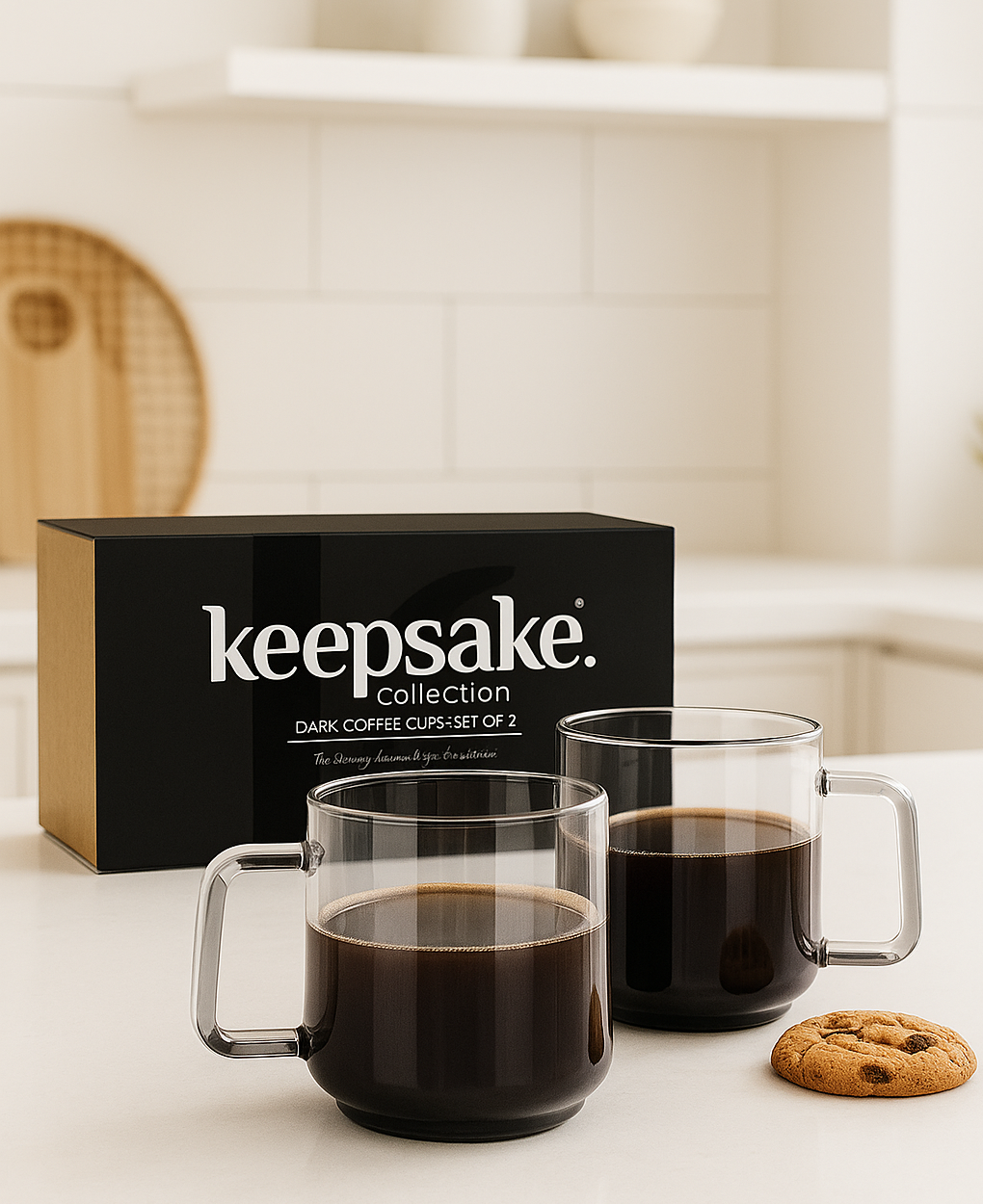 Two glass mugs of coffee and a cookie on a counter with a keepsake promotional mug box.