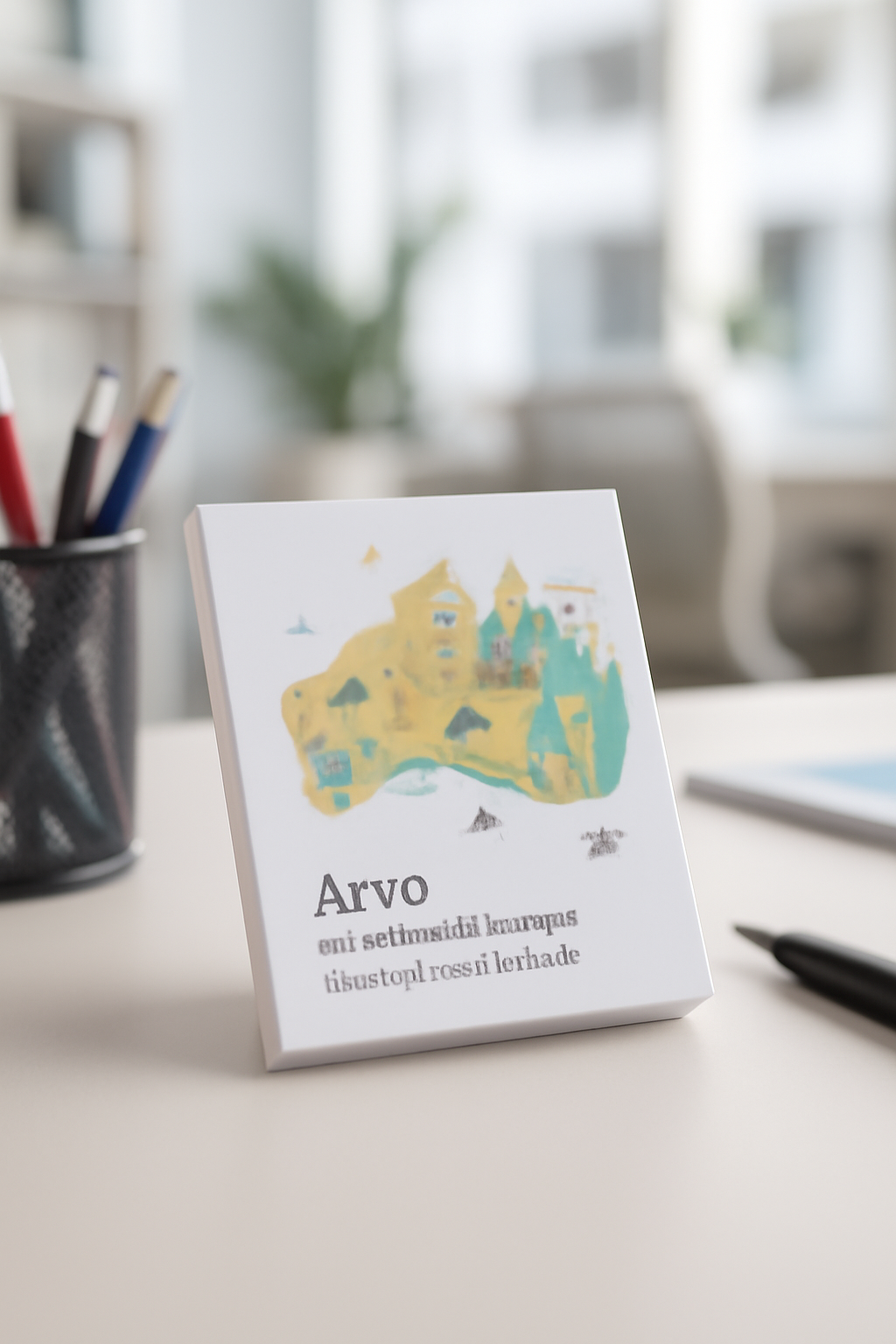 A small desk plaque, perfect merchandise for virtual events, with abstract art and unreadable text.