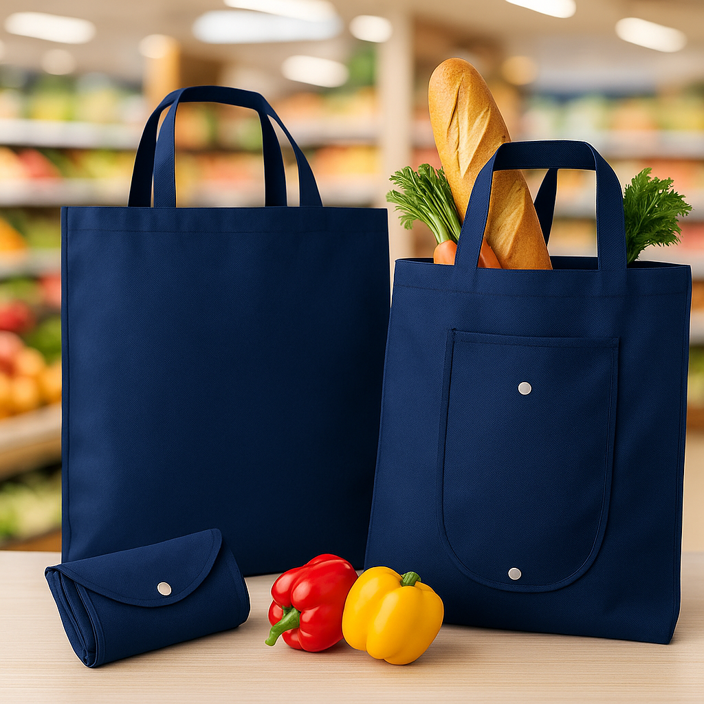 Reusable navy blue non woven bags with vegetables and bread, pictured in a grocery store.