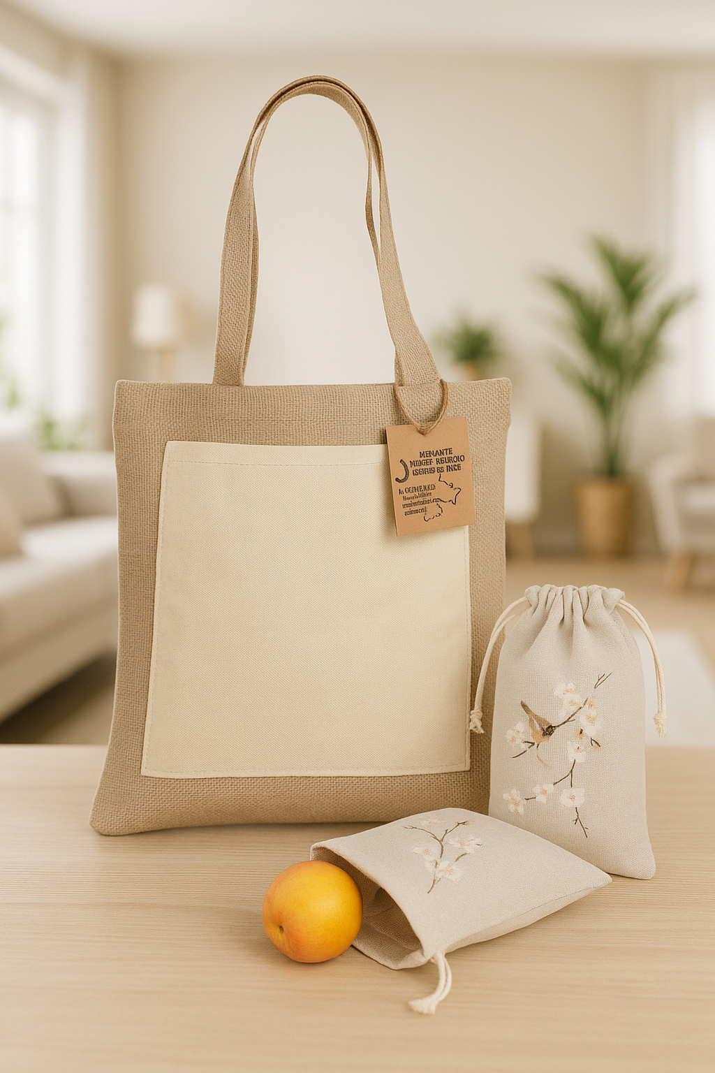 Beige jute bag with two canvas pouches and an orange on a table in a cozy living room.