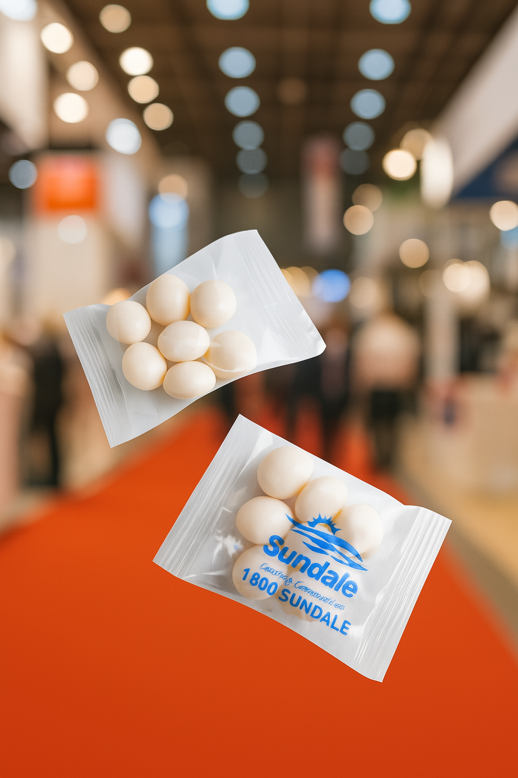 Two packets of white candies, perfect as custom merchandise at expos, labeled Sundale.