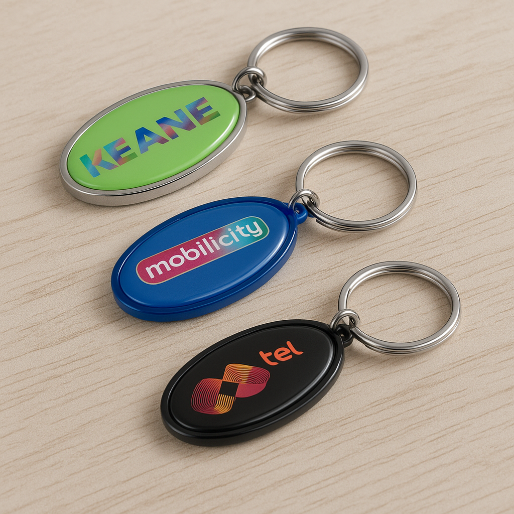 Three oval keychains—KEANE, mobilicity, tel—custom merchandise at expos on light wood.