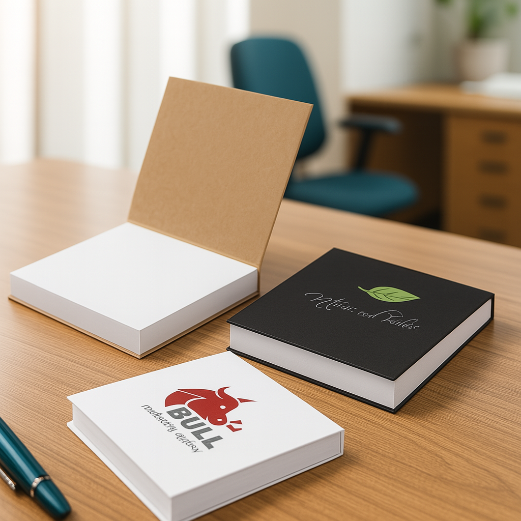 Three branded notebooks and custom sticky notes on a wooden desk, one notebook opened.