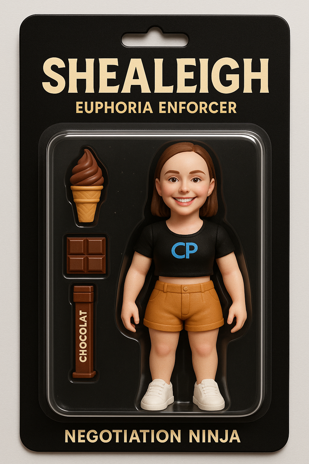 Toy figure of a smiling girl with chocolates, ice cream—Shealeigh, Euphoria Enforcer. Promotional products Canberra.