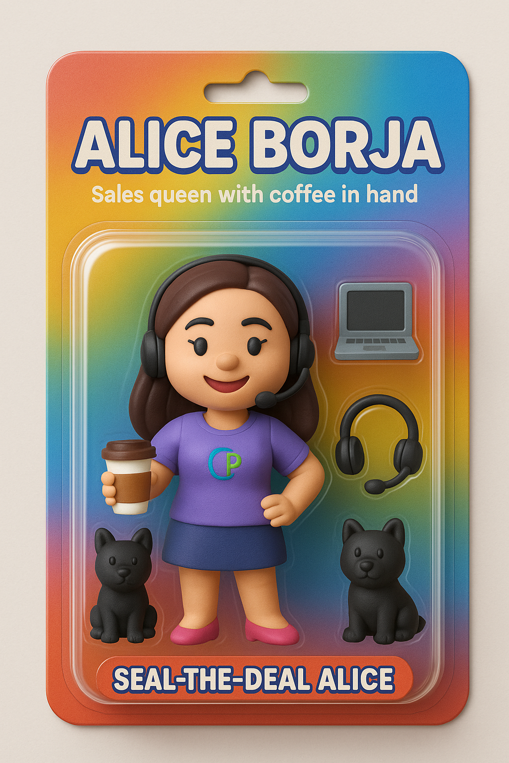 Clay figure of a woman with coffee, headset, laptop, and two black cats—Branded merchandise Hobart.
