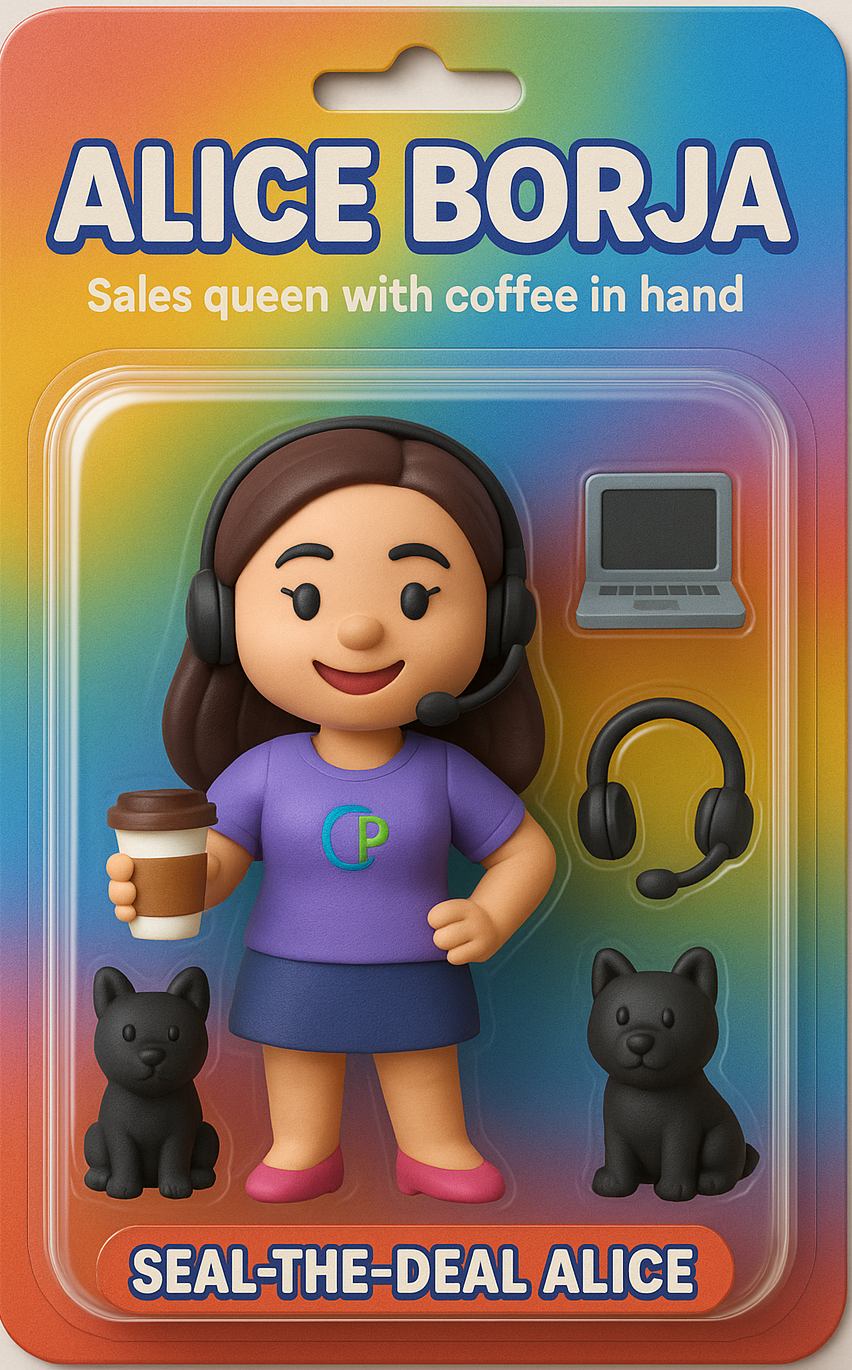 Action figured named Alice Borja holding a coffee cup with 2 dogs, headset and laptop