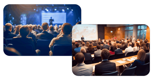Two conference rooms filled with people listening to resource speakers on stage.