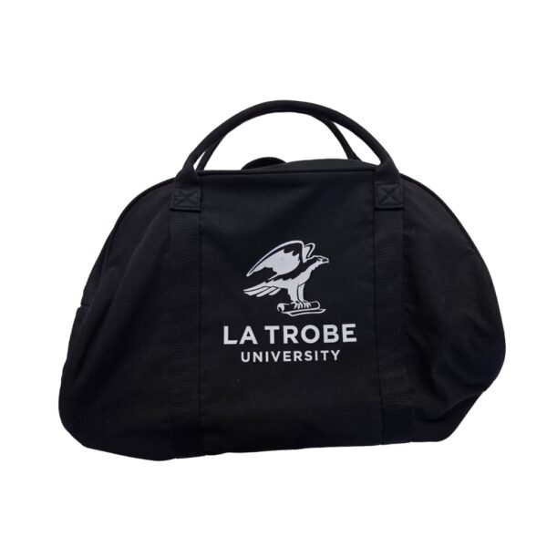 Black duffel bag with La Trobe University logo