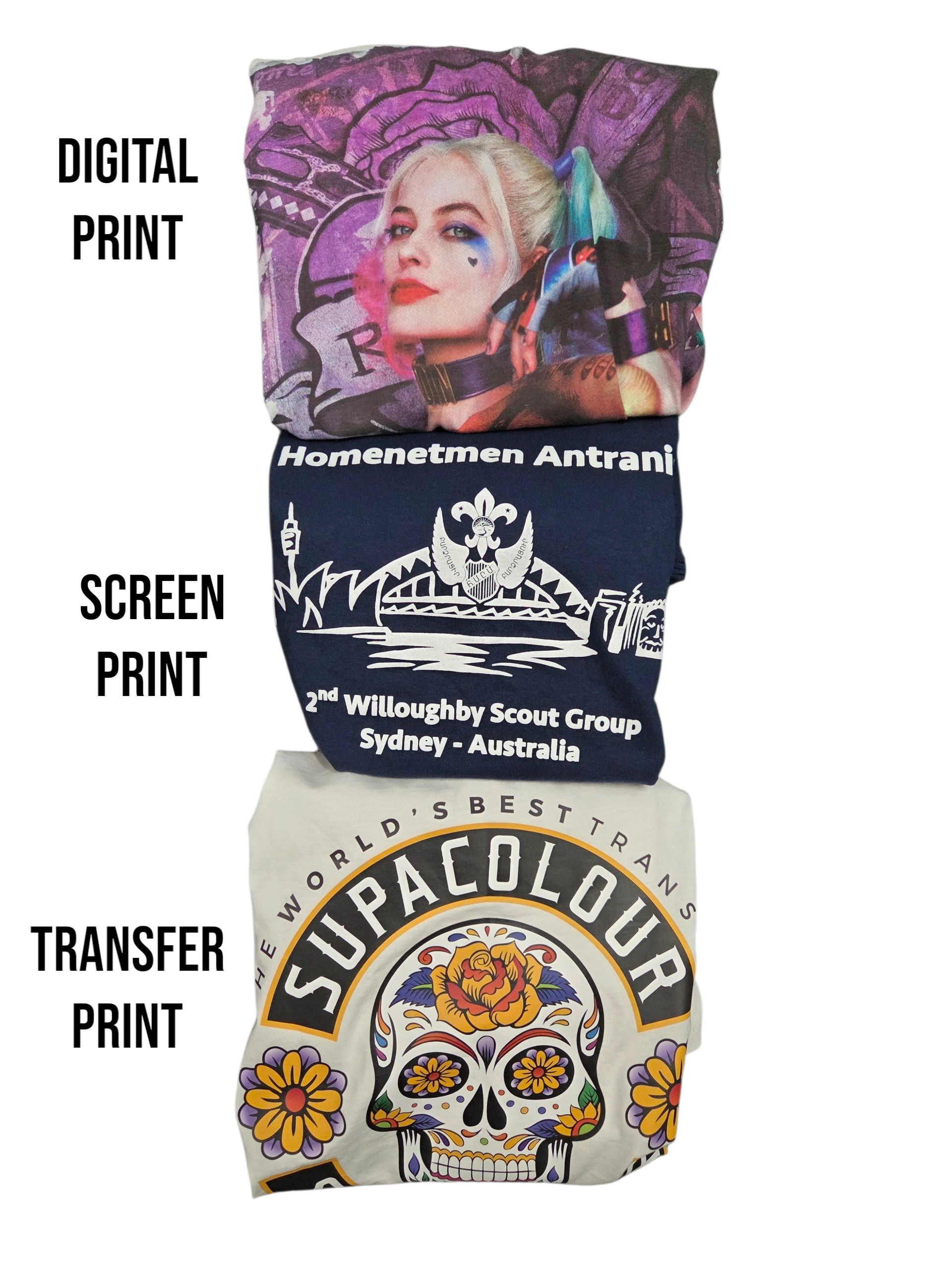 Three folded shirts with T-shirt printing: digital, screen, and transfer designs labeled on the side.