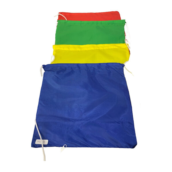 red, green, yellow, and blue drawstring bags