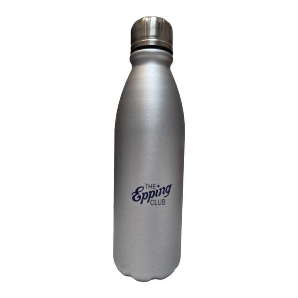 Silver water bottle with The Epping Club logo