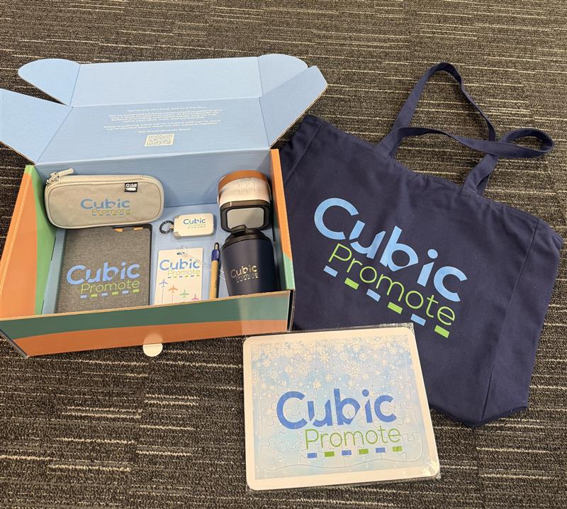 branded items on the on the floor showing Cubic logo