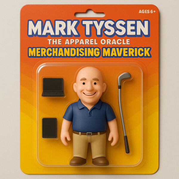 Toy figure of a smiling bald man with golf club, branded merchandise in Wollongong.