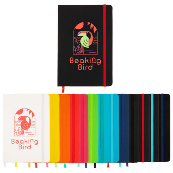 Colorful Ventura A5 Notebooks 96 Leaves with Beaking Bird text and bird design are displayed.