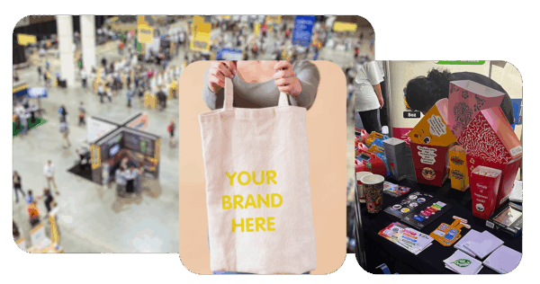 Large tradeshow venue with sample promotional giveaways